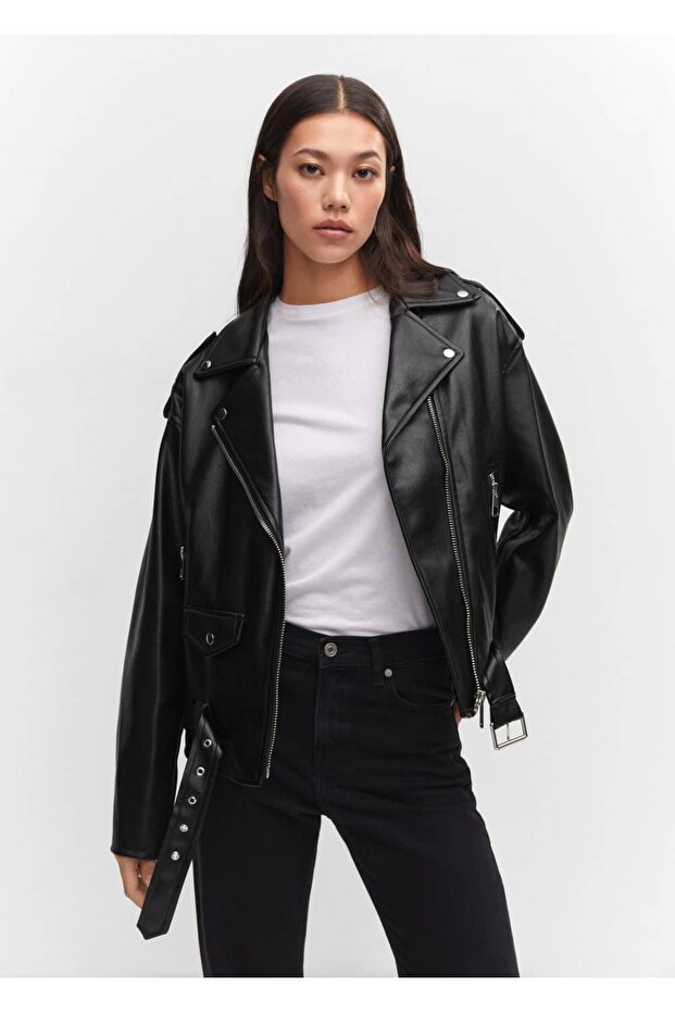 Oversize Deri Görünümlü Ceket - 9