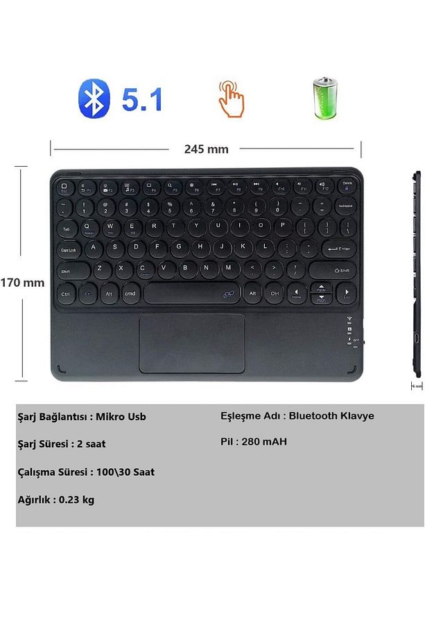 Honor Pad X9 11.6" Tablet İçin Uyumlu Şarjlı Touchpadli Yuvarlak Tuş RGB Bluetooth Klavye - 6