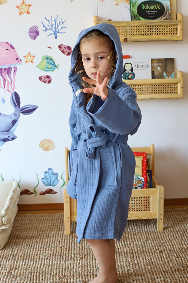 Muslin Baby Kids Bathrobe, 100% Cotton 4 Layers Indigo