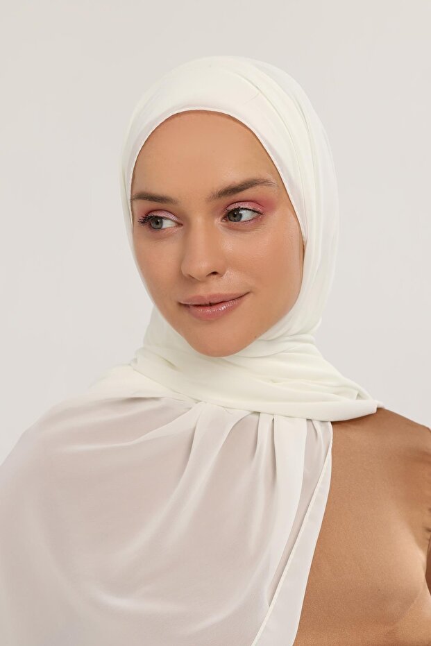 Hazır Lüks Pratik Hijablı Şifon Şal Ekru - 4
