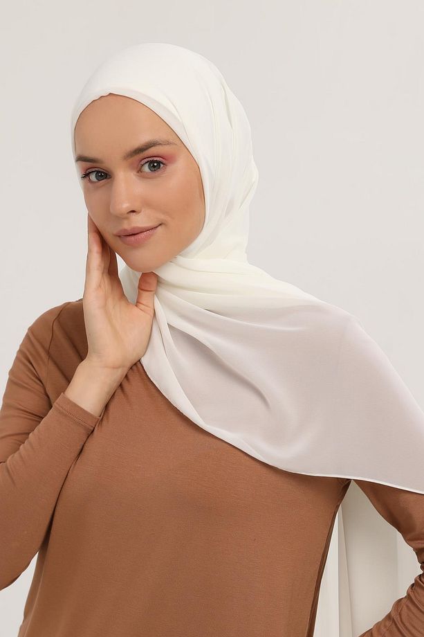 Hazır Pratik Lüks Boru Boneli Şifon Şal Ekru - 3