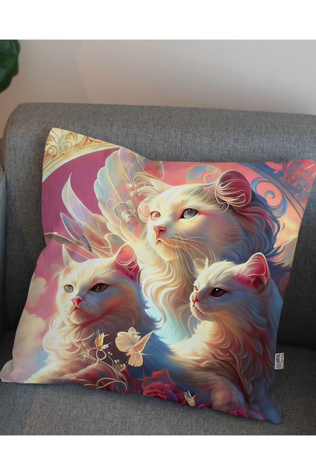 Pink Background Digital Printed Throw Pillow Cover with White Cat Photo