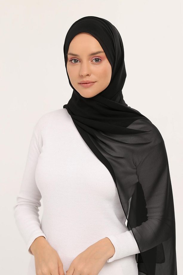 Hazır Lüks Pratik Hijablı Şifon Şal Siyah - 3