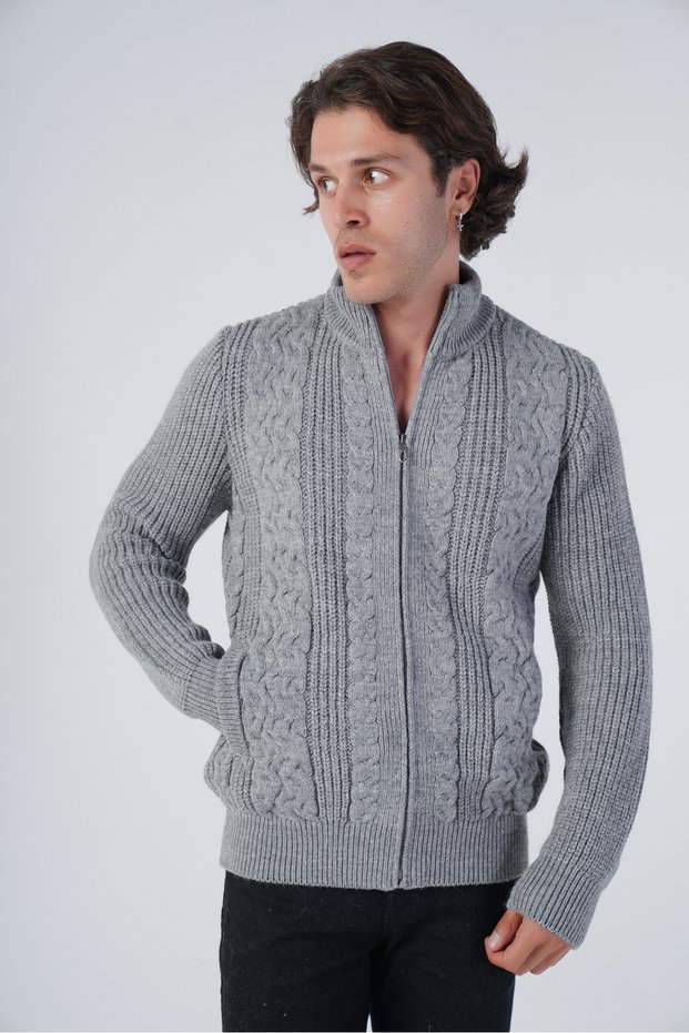 Gray Men's Hairdressing Back Sleeve Thessaloniki Stand Collar Pocketed Knitwear Wool Cardigan Trıst-5298