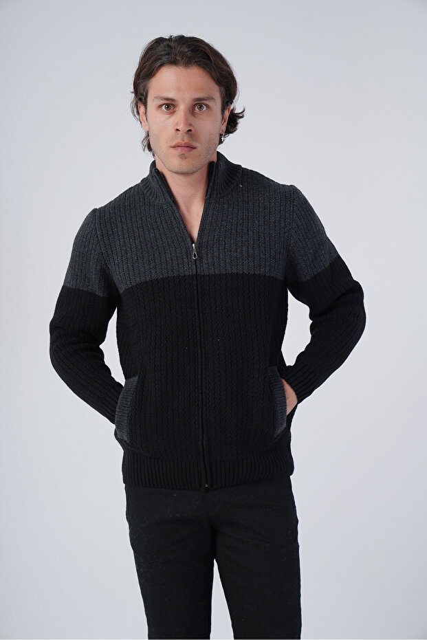 Black Men's Zigzag Embroidered Double Color Stand Collar Zippered Pocket Knitwear Wool Cardigan