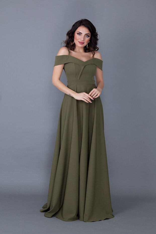 Khaki Maxi Length Shoulder Detailed Strappy Flared Model Dress