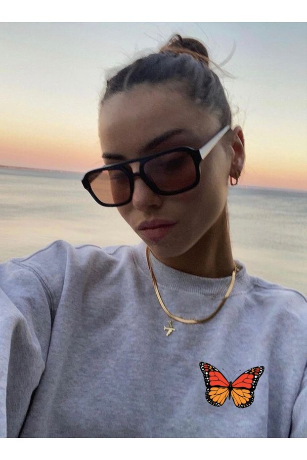 Unisex Cotton Oversize Butterfly Printed Gray Sweatshirt