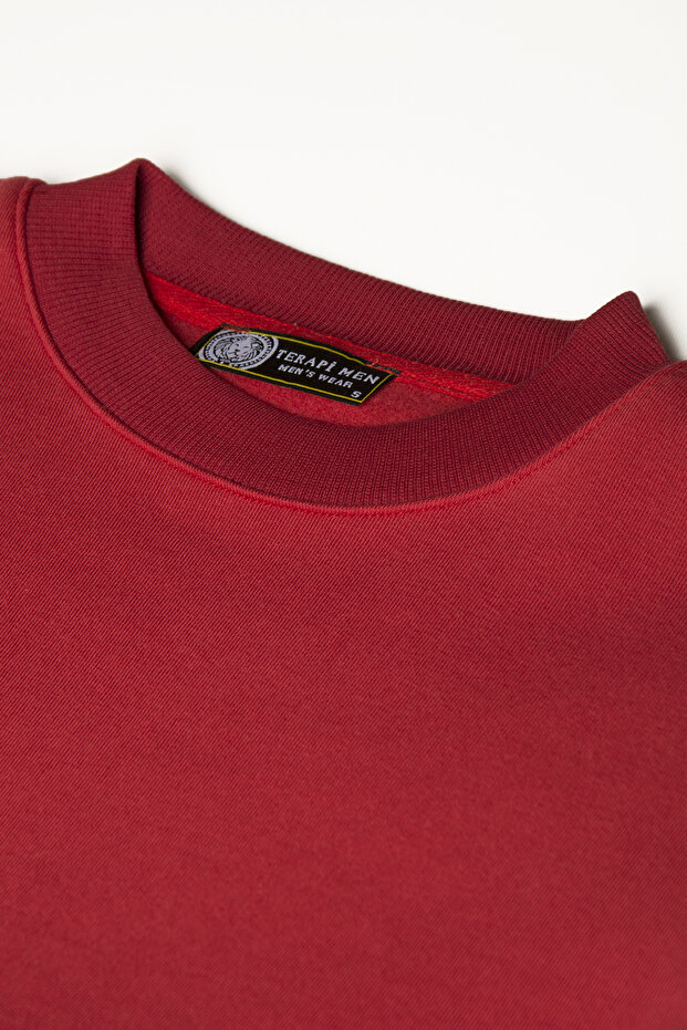 Unisex Red Oversize Thick Three Thread Ribbed Crew Neck Basic Sweatshirt - 2