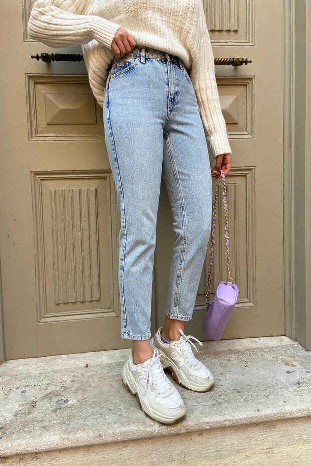 High Waist Lycra Blue Snow Wash Boyfriend Jeans Flexible Mom Denim Pants
