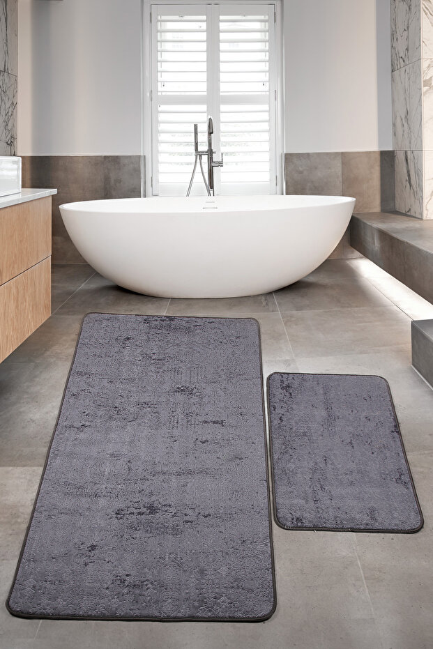 Nova Anthracite Large Size 80X150 + 50X80 cm 2-Piece Bathroom Rug Set Non-Slip Base Toilet Set