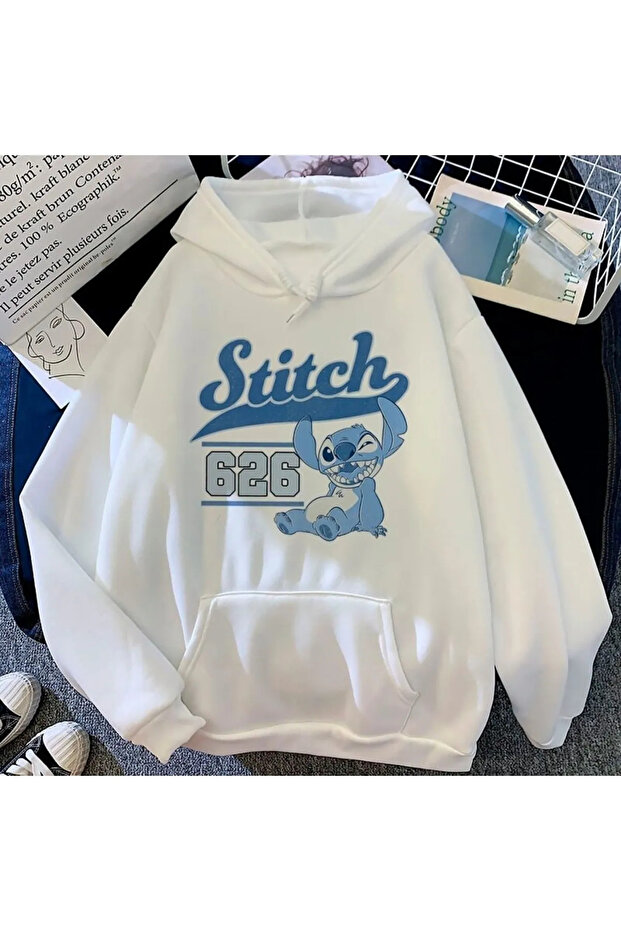 Unisex White Stitch Printed Hooded Oversize Sweatshirt Hoodie