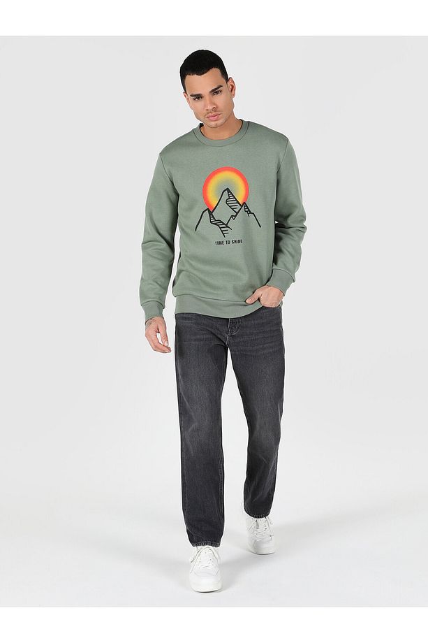 Regular Fit Baskılı Yeşil Erkek Sweatshirt - 6