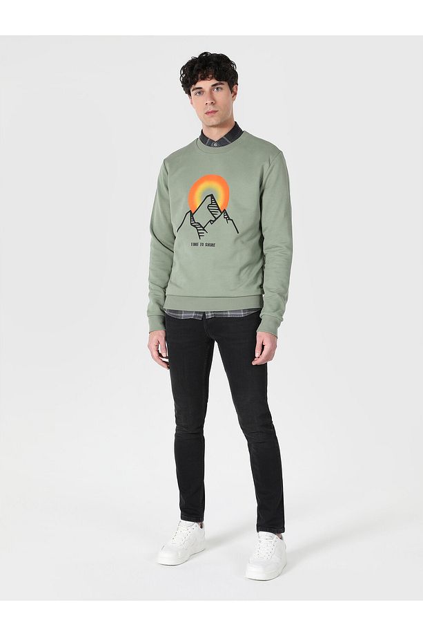 Regular Fit Baskılı Yeşil Erkek Sweatshirt - 1