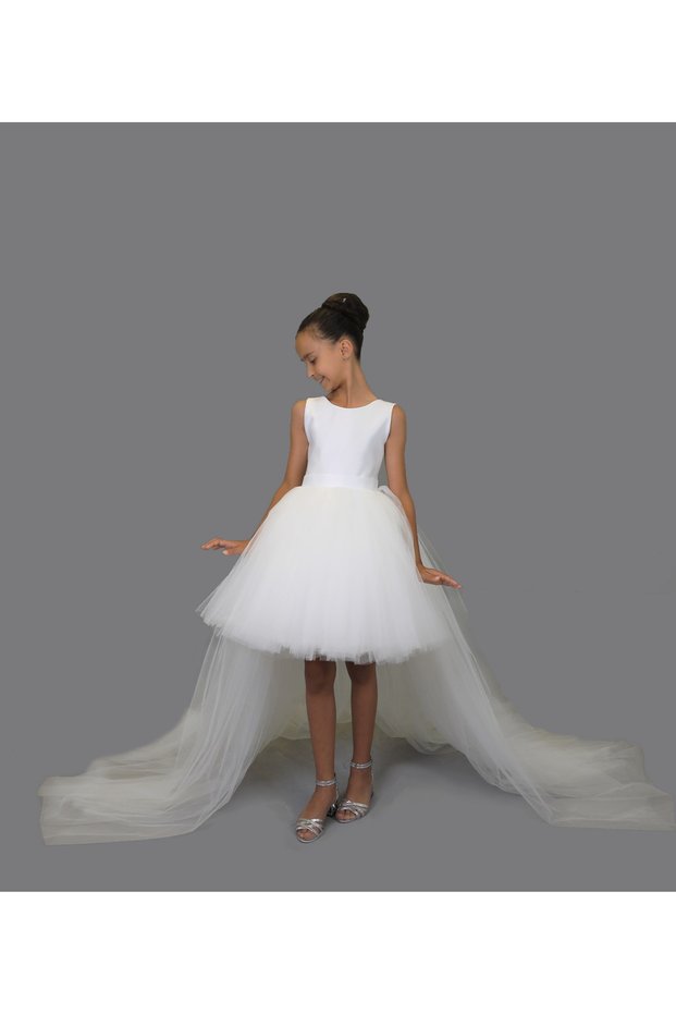 Girl Child Front short Back Long Tail Detailed WHITE Satin Ball Gown Party Graduation Dress