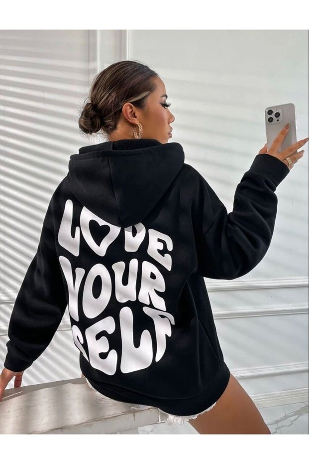 Women's Black Love Yourself Printed Oversize Hooded Sweatshirt