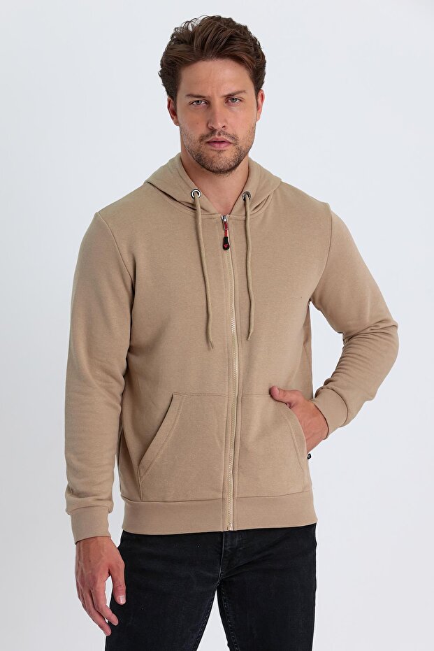 Men's Zippered Cap, Kangaroo Pocket Sweat - Ekru