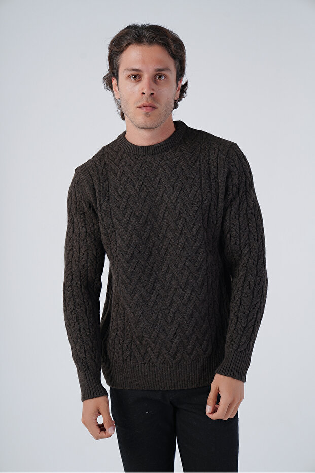 Brown Men's Execution Hair Basket Knit Crew Neck Knitwear Wool Sweater