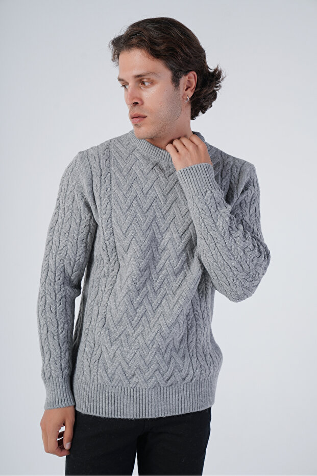 Gray Men's Execution Hair Basket Knitted Crew Neck Knitwear Wool Sweater