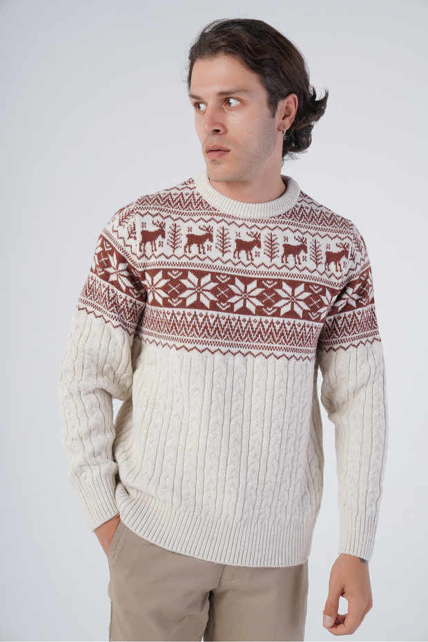 Beige Men's Hair Braided Jacquard Deer Patterned Crew Neck Knitwear Wool Sweater
