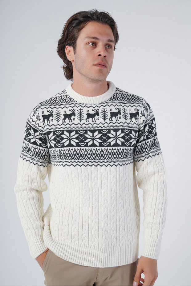 Bone Men's Hair Braided Jacquard Deer Patterned Crew Neck Knitwear Wool Sweater