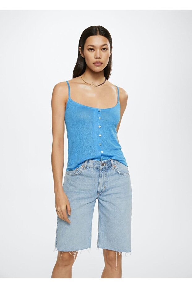 Düğmeli %100 Keten Bluz - 1