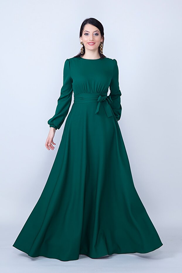 Round Neck Long Sleeve Woven Fabric Drawstring Waist Belted Pocket Maxi Length Invitation & Evening Dress