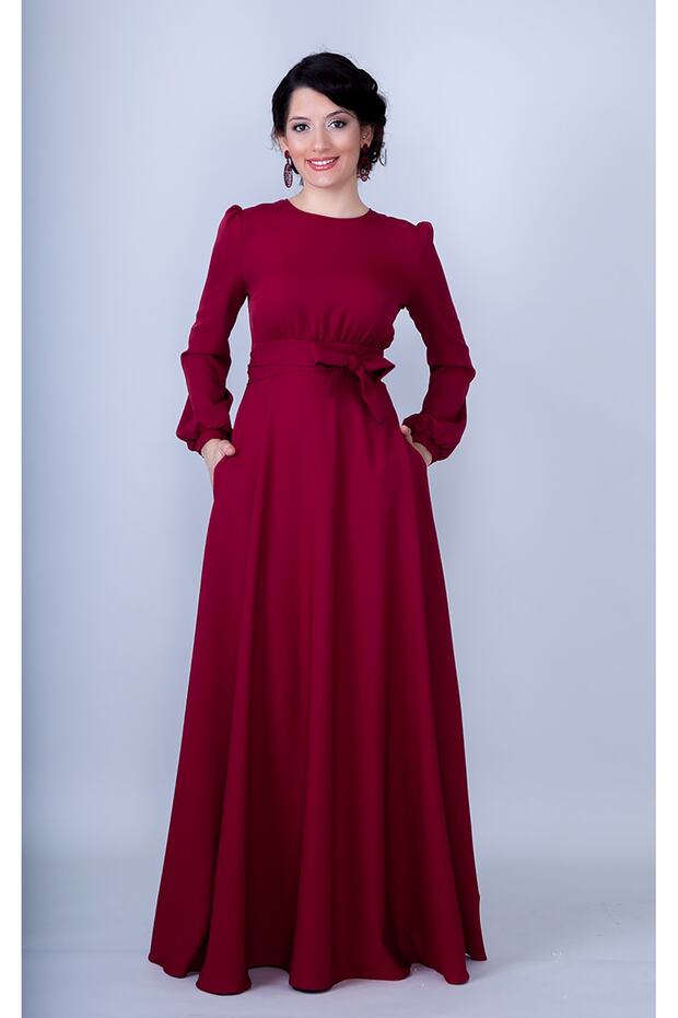 Round Neck Long Sleeve Woven Fabric Drawstring Waist Belted Pocket Maxi Length Invitation & Evening Dress