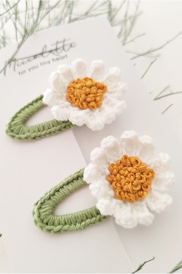 Bebek ve Çocuk El Örgüsü Tomurcuk işlemeli Papatya Çıtçıtlı Toka 2li set - 5