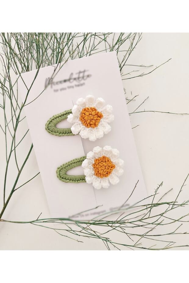 Bebek ve Çocuk El Örgüsü Tomurcuk işlemeli Papatya Çıtçıtlı Toka 2li set - 8