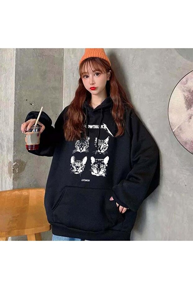 سويت شيرت بقلنسوة كبير الحجم للجنسين من LAGOM MODA Meowtallica مطبوع باللون الأسود