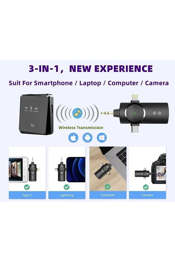 Type-C iPhone Çiftli Kablosuz Yaka Mikrofonu 3in1 Kamera PC Android iOS Uyumlu - 5