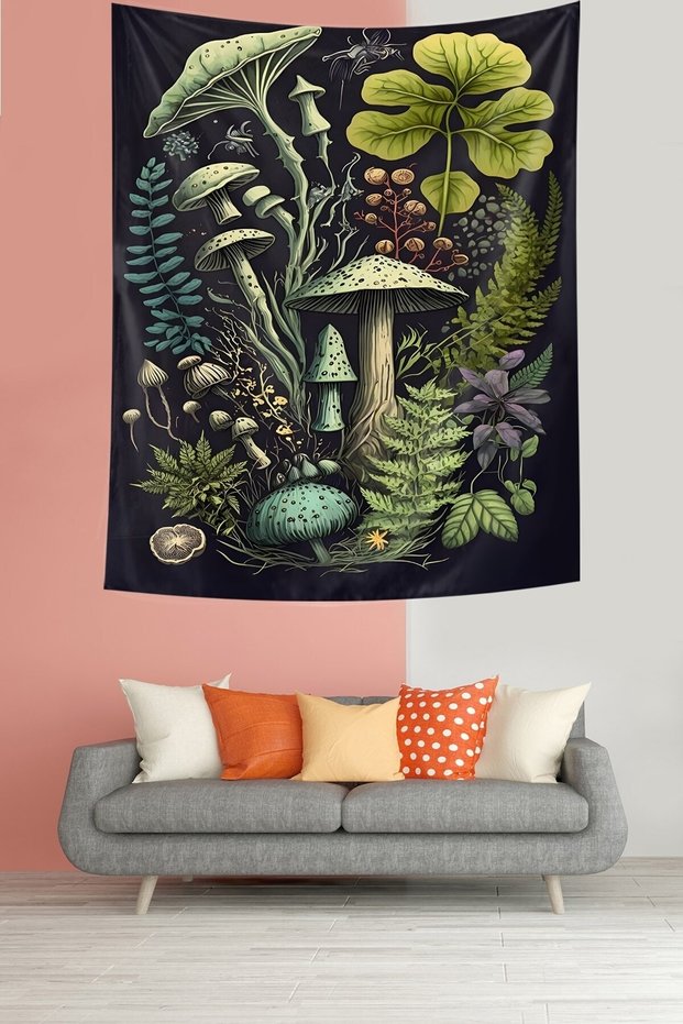 Mushrooms and Magic Plants in the Forest Stain Resistant Fabric Wall Cloth Wall Tapestry Tapestry