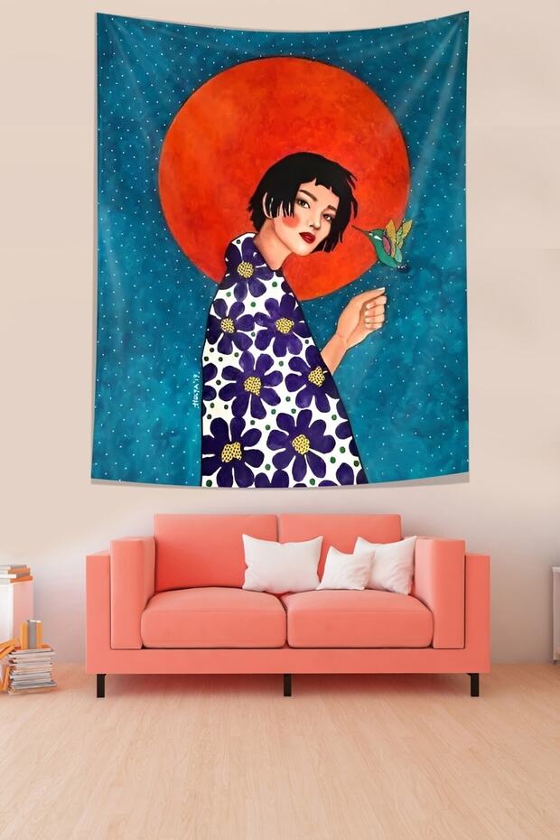 Girl Stain-Proof Fabric Wall Carpet Holding a Bird in Her Hand - Tapestry