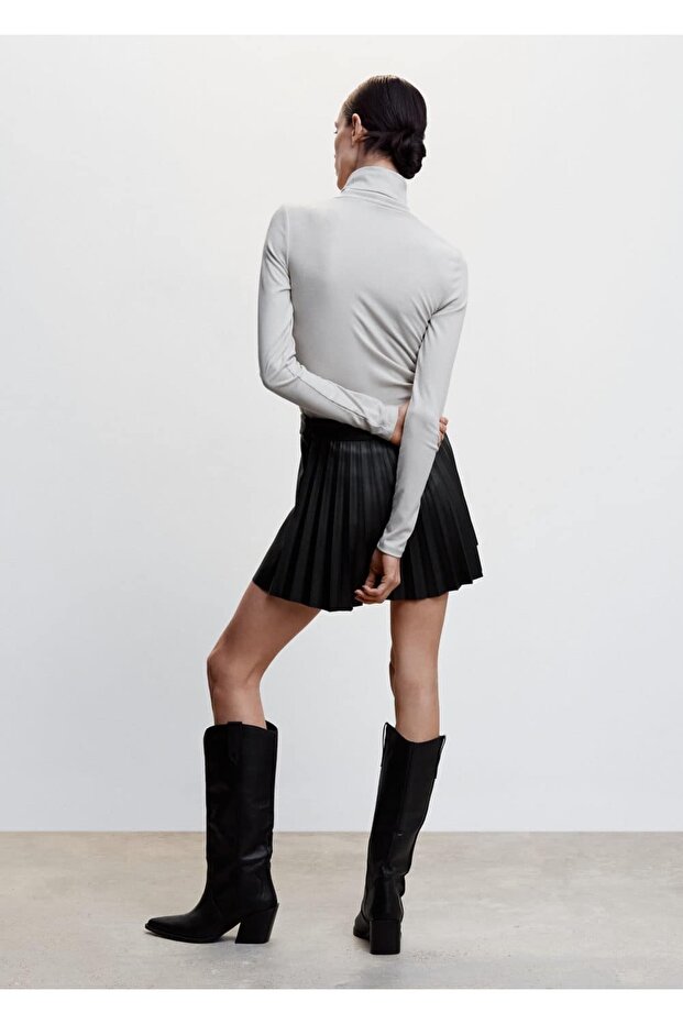 Deri Görünümlü Pilili Etek - 4