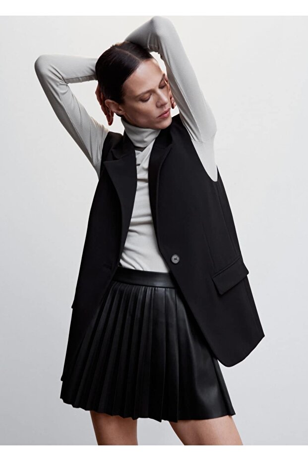 Deri Görünümlü Pilili Etek - 6