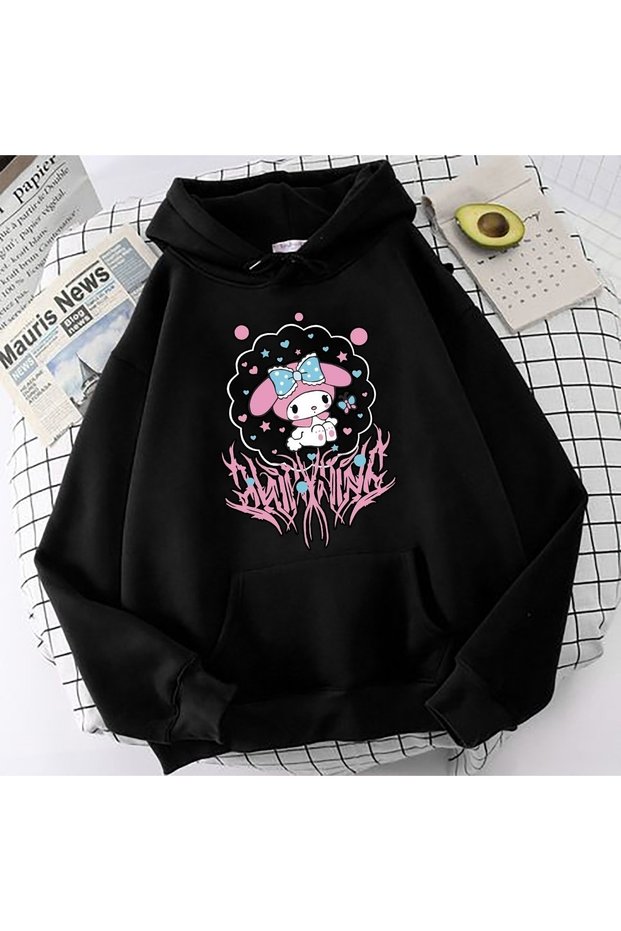 Mymelody Fringed Printed Black Sweatshirt