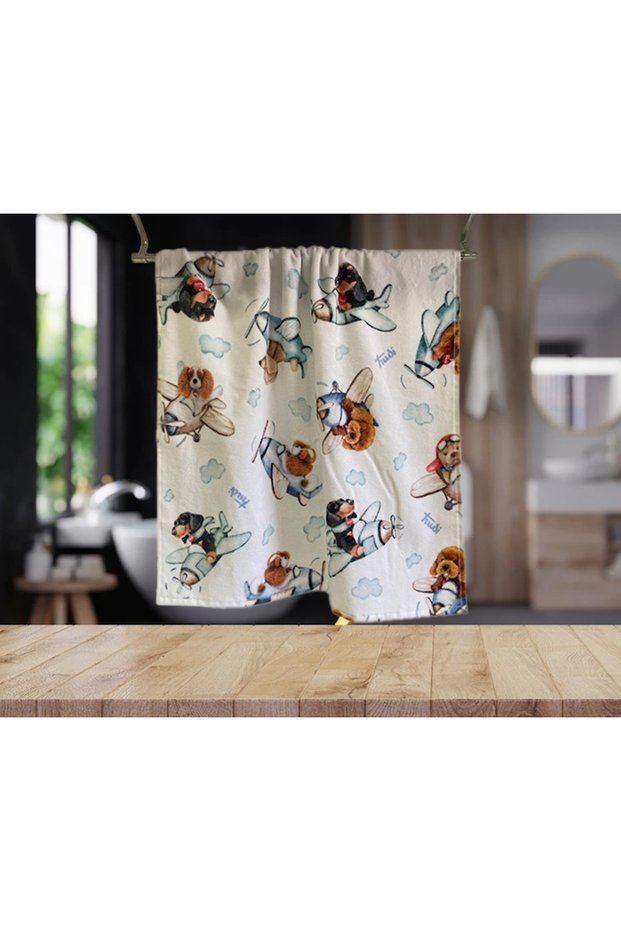 HELICOPTER, DOG PRINTED VELVET BABY SHOWER TOWEL 60X110cm