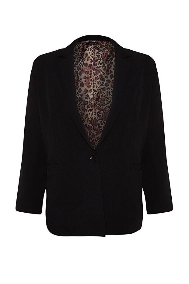 Siyah Leopar Astar Detaylı Blazer Dokuma Ceket TBBSS22CE0195 - 6