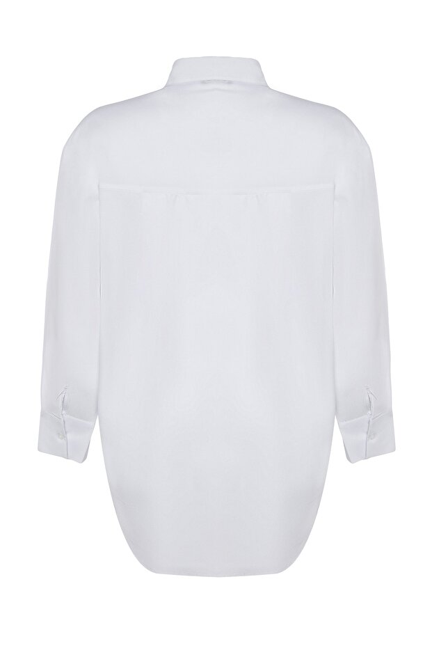 Fehér, laza szabású pamut hosszú ujjú, nagy méretű szőtt ing TBBSS22GO0323 - 13