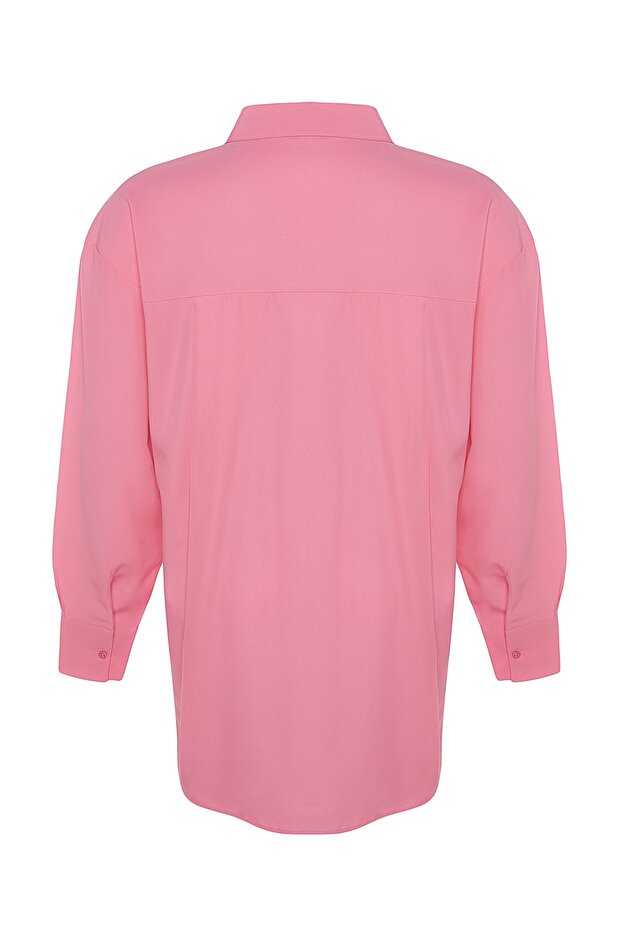 Pudra Loose Fit Pamuklu Uzun Kol Büyük Beden Dokuma Gömlek TBBSS22GO0323 - 9