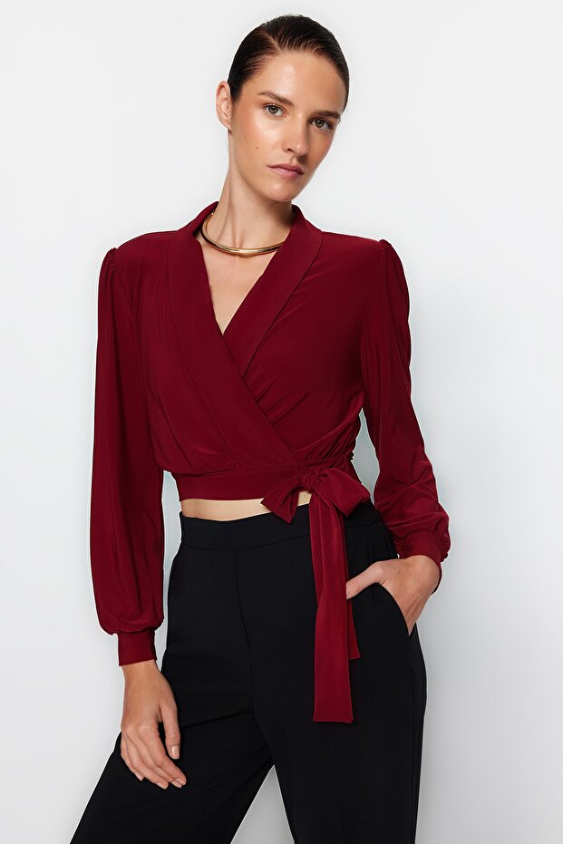 Bordo Kruvaze Kapamalı Crop Esnek Örme Bluz TWOAW24BZ00071 - 2