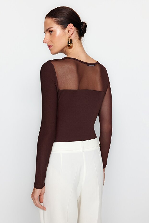 Kahverengi Tül Detaylı Çıtçıtlı Esnek Örme Body TWOAW24BD00021 - 5
