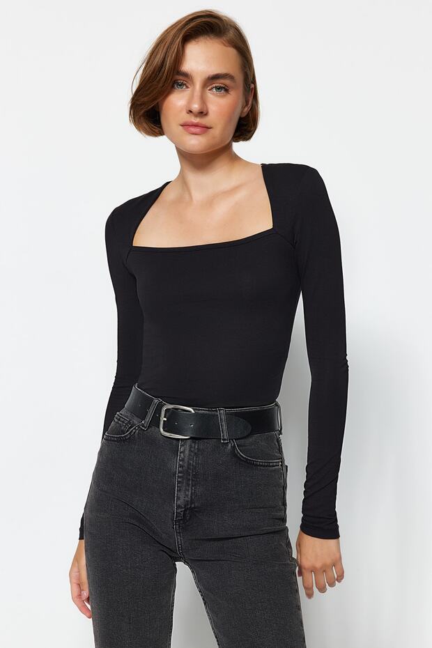Siyah Pamuklu Esnek Kare Yaka Fitted/Vücuda Oturan Esnek Bluz TWOAW24BZ00165 - 2