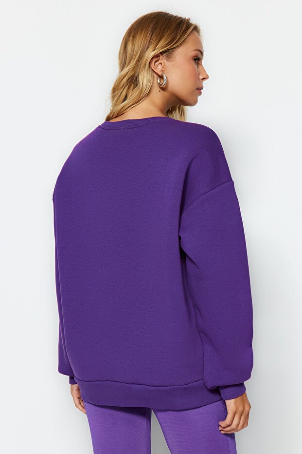 Mor Oversize/Rahat Kesim Basic Bisiklet Yaka Kalın/İçi polarlı Örme Sweatshirt TWOAW24SW00102 - 5