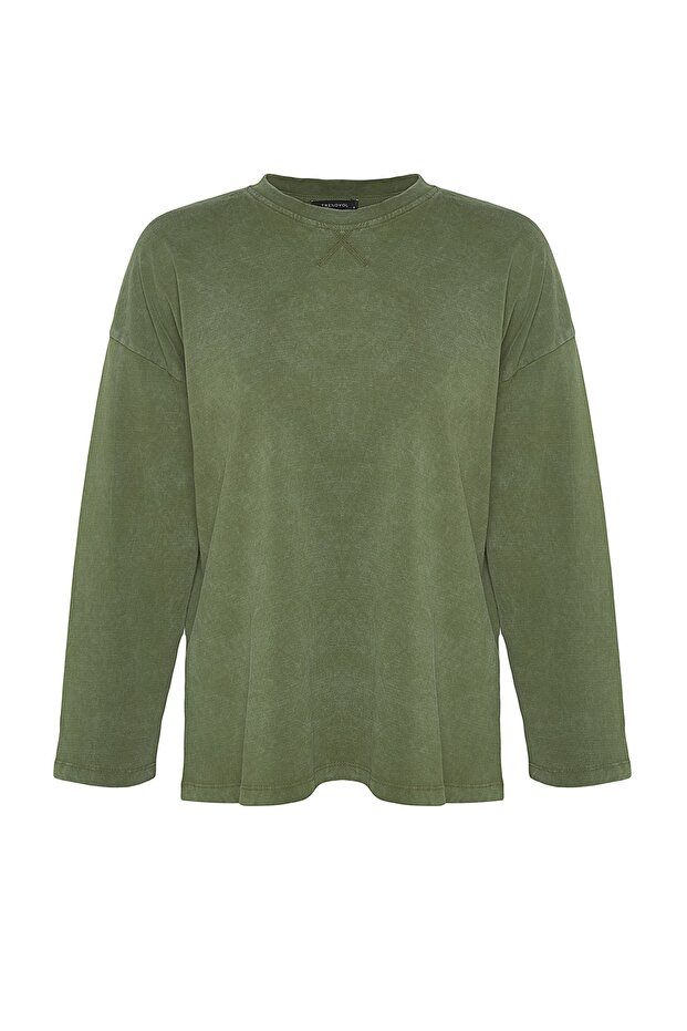Haki Kalın Pamuklu Eskitme Efektli Relaxed Kalıp Bisiklet Yaka Uzun Kol Örme T-Shirt TWOAW24TS00006 - 9