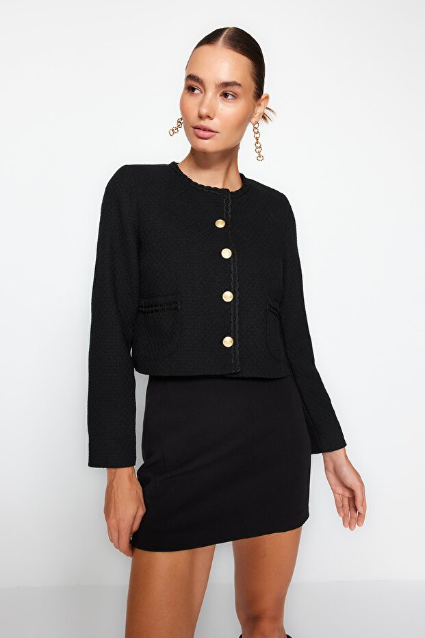 Black Crop Woven Tweed Jacket TWOAW24CE00043 - 3