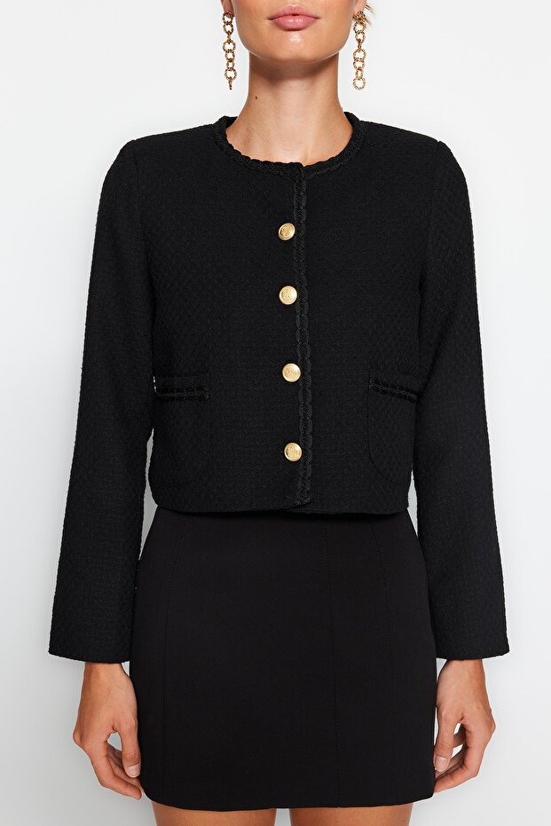 Black Crop Woven Tweed Jacket TWOAW24CE00043 - 4