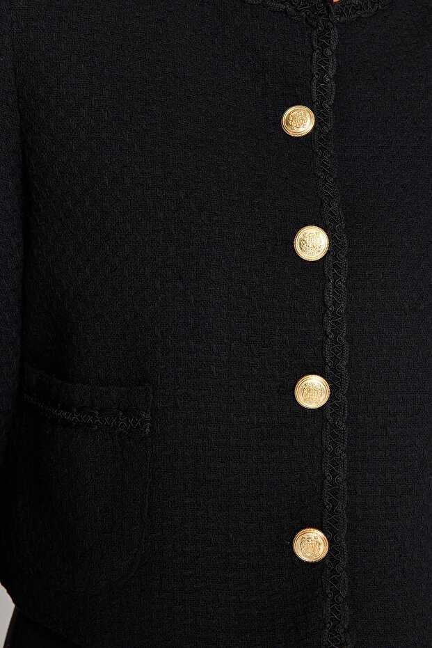 Black Crop Woven Tweed Jacket TWOAW24CE00043 - 5