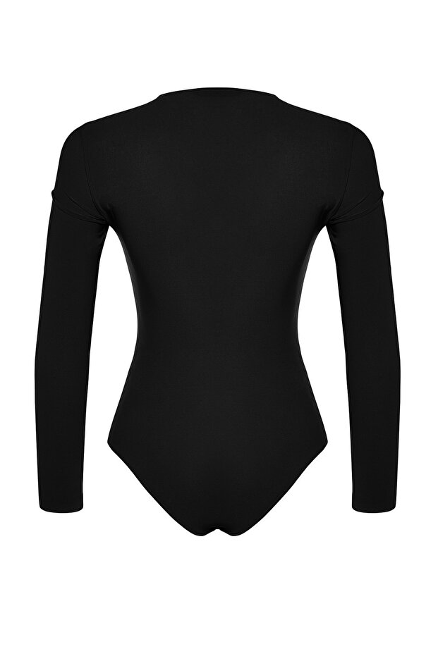 Siyah Cut Out ve Büzgü Detaylı Fitted/Vücuda Oturan Esnek Çıtçıtlı Örme Body TWOAW22BD0047 - 8