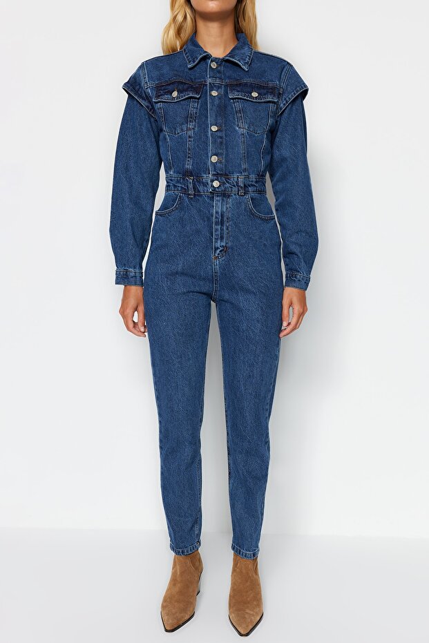 Indigo Dikiş Detaylı Denim Tulum TWOAW22TU0040 - 4